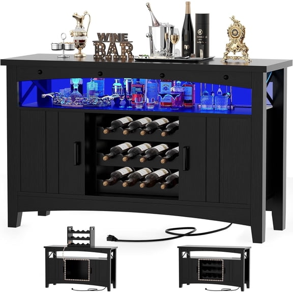 Homieasy Wine Bar Cabinet with Power Outlets, Liquor Cabinet with LED Lights and Movable Wooden Wine Rack, Black