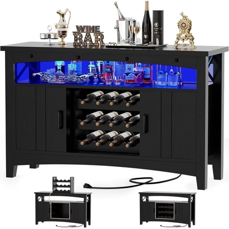 Homieasy Wine Bar Cabinet with Power Outlets Liquor Cabinet with LED Lights and Movable Wooden Wine Rack Black