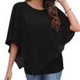 thumbnail image 3 of Camiseta de verano para mujer, cuello redondo, Color puro, transpirable, tipo suelto, camisa de gasa de doble capa, negro XXL, 3 of 5