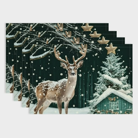 Fenyluxe  4 Pack Christmas Placemats for Dining Table Setting -Merry Christmas Lettering,Green Forest,Reindeer Design Placemats Decorative Table Mats for Christmas, Party 18x12in