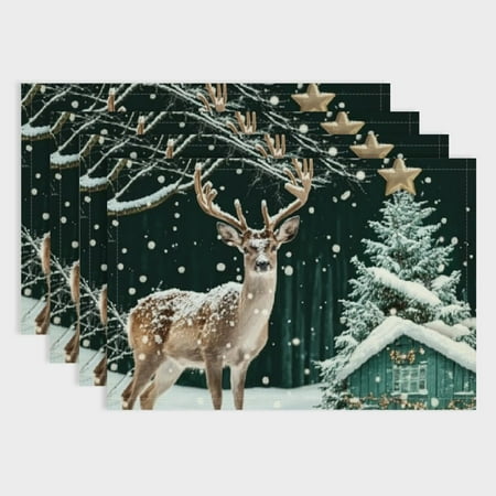 

Fenyluxe 4 Pack Christmas Placemats for Dining Table Setting -Merry Christmas Lettering Green Forest Reindeer Design Placemats Decorative Table Mats for Christmas Party 18x12in