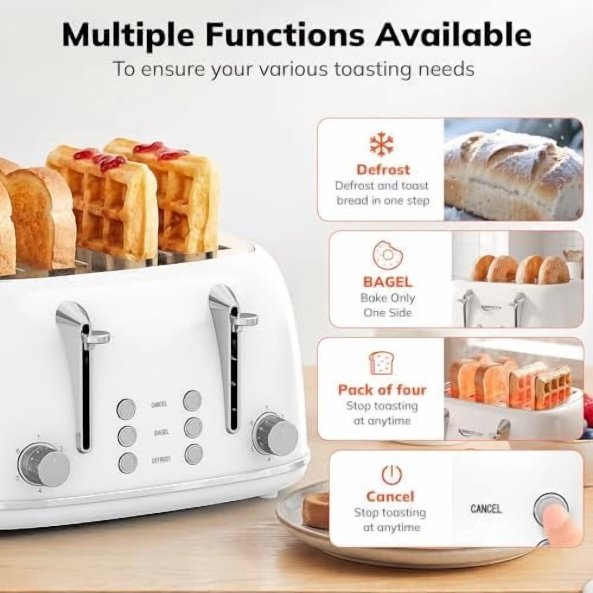 Toaster 4 Slice, Retro Stainless Steel Wide Slot Toaster with Dual Independent Controls, 6 Browning Levels, Bagel, Defrost, Reheat & Cancel, Removable Crumb Tray, White