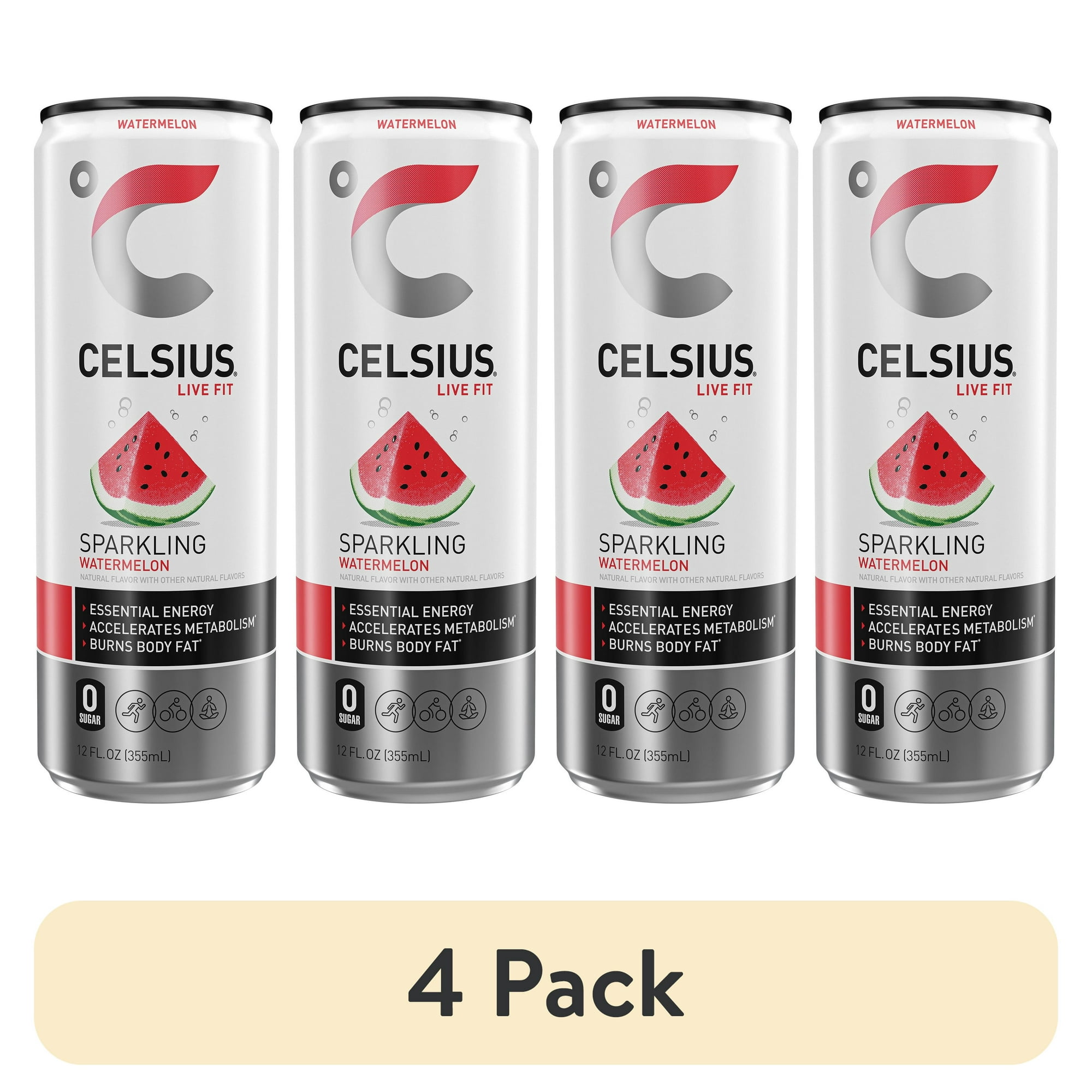 (4 pack) CELSIUS Sparkling Watermelon, Energy Drink 12 fl oz Single Can