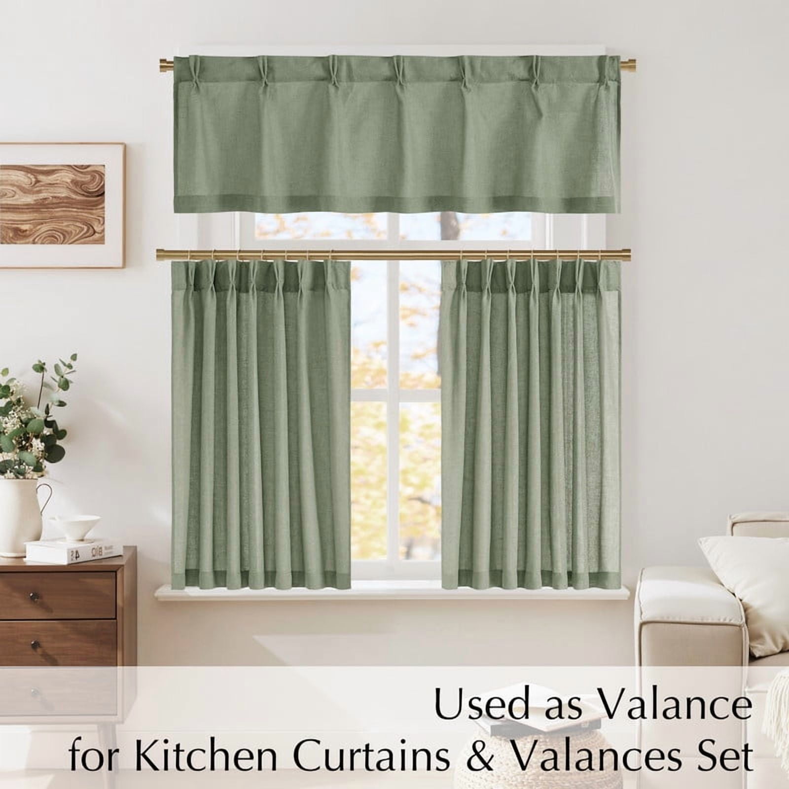 NICETOWN Pinch Pleated Linen Valance 18 Inches Long, Sage Green Cafe Curtains French Country Light Filtering Short Curtains for Bedroom Living Room, 40"x18", 1 Pair
