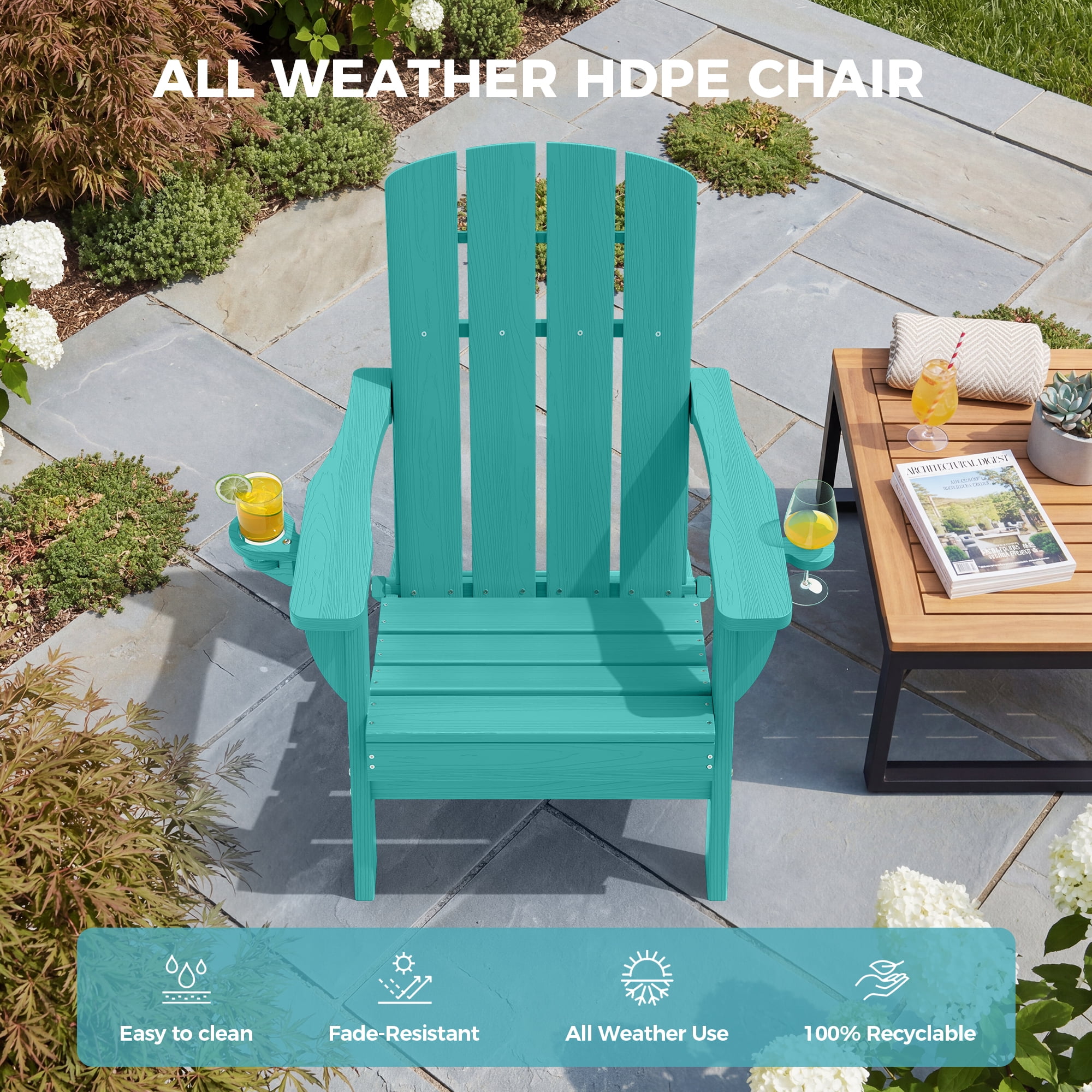 Adirondack Chair Set of 4, Outdoor Folding All-Weather HDPE Adirondack Chairs with 2 Cup Holders for Patio, Aqua