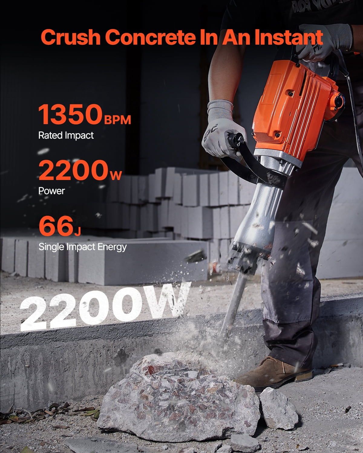 VEVOR Demolition Jack Hammer, 2200W Electric Jackhammer Heavy Duty, 1350 BPM Concrete Breaker, 2pcs Chisels Bit Chipping with Case