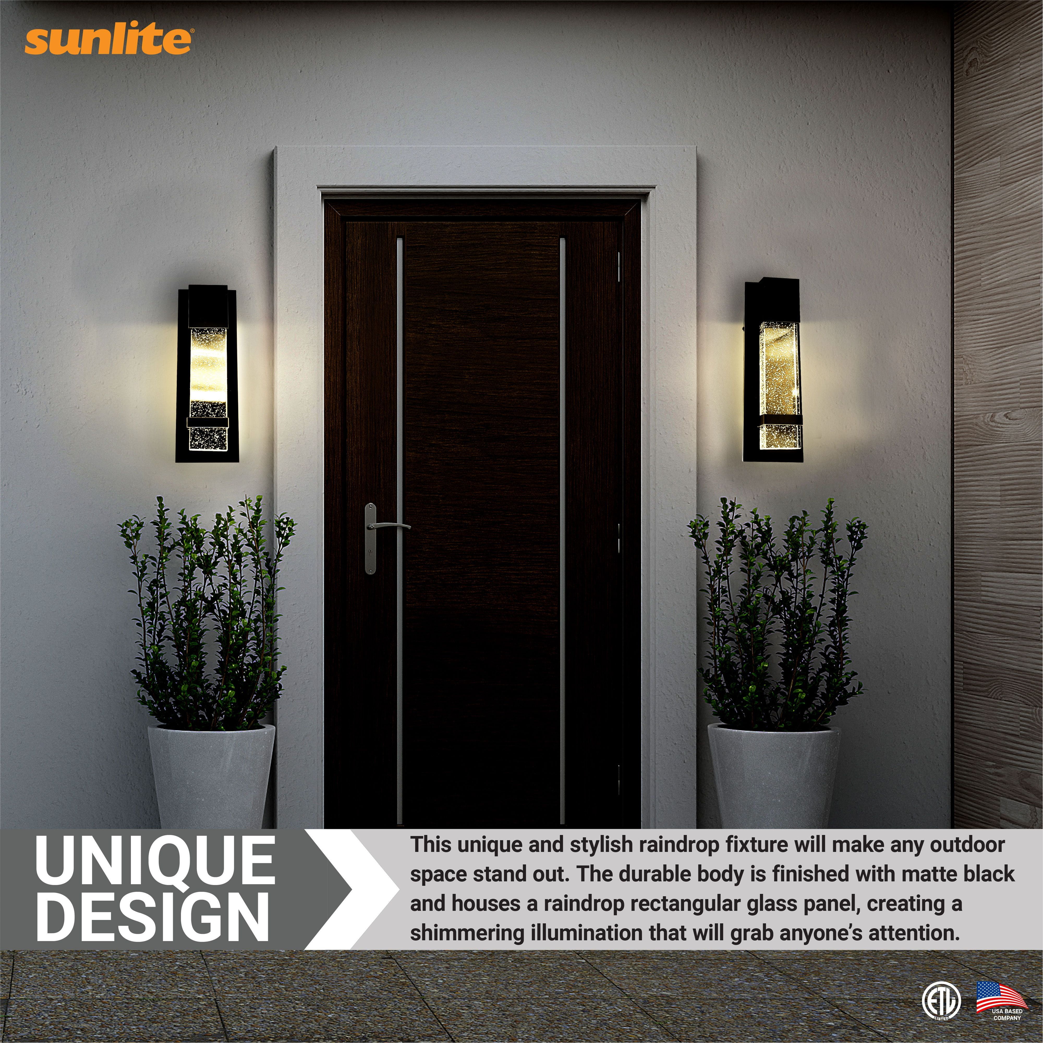 Sunlite LED Outdoor Raindrop Wall Sconce Light Fixture, 12 Watts (60W=), 600 Lumens, Color Selectable 30K/40K/50K, Dimmable, 120 Volts, ETL Listed, Black, For Patios, Garage & Entryway Use