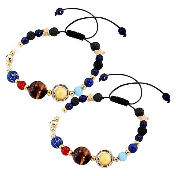 OFFIGAM 2Pcs Space Themed Bracelet Planet Beads Natural Stone Black Bangle for Parties and Everyday Use