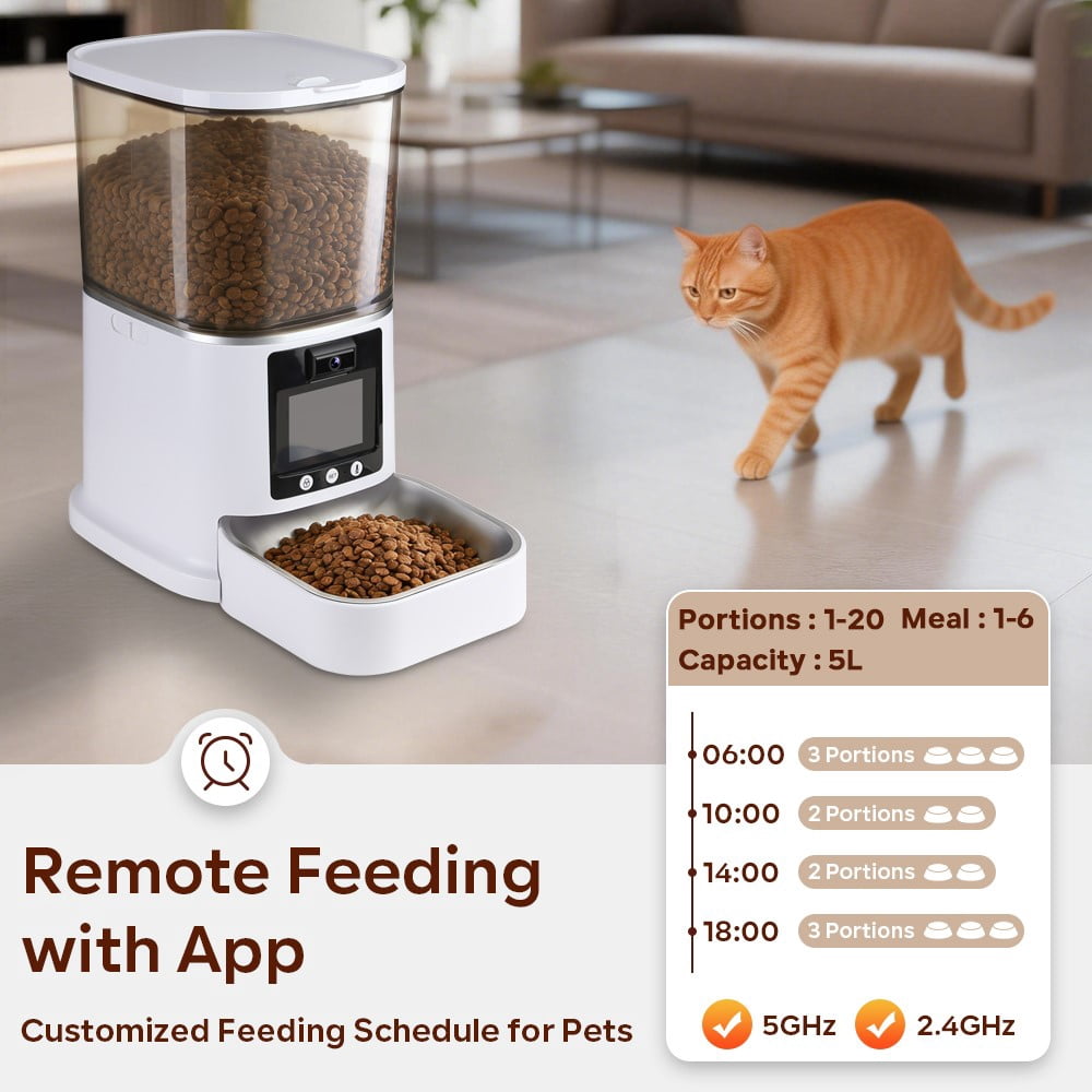 FGY 5L Automatic Cat Feeder with Camera 1080P HD, 2.4G/5G WiFi App Control, 2-Way Audio&Video Automatic Cat Food Dispenser (White)