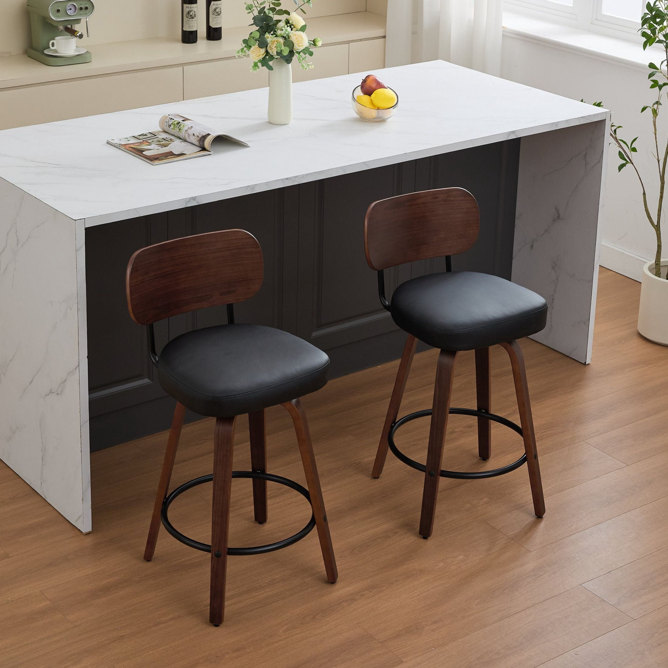 Noble House Set of 2 Swivel Bar Stools, Faux Leather Seat, Bentwood Frame, Walnut + Black