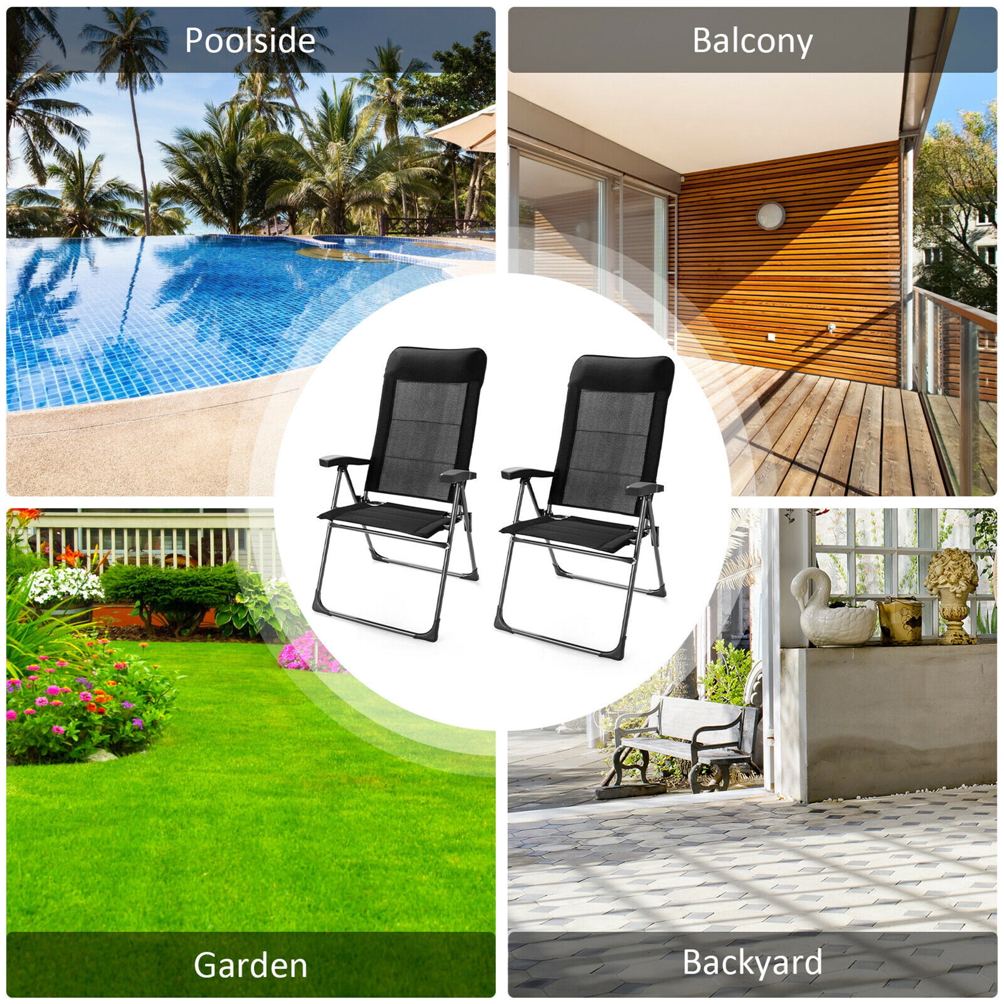 Gymax 2PCS Patio Folding Dining Chairs Portable Camping Headrest Adjust Black