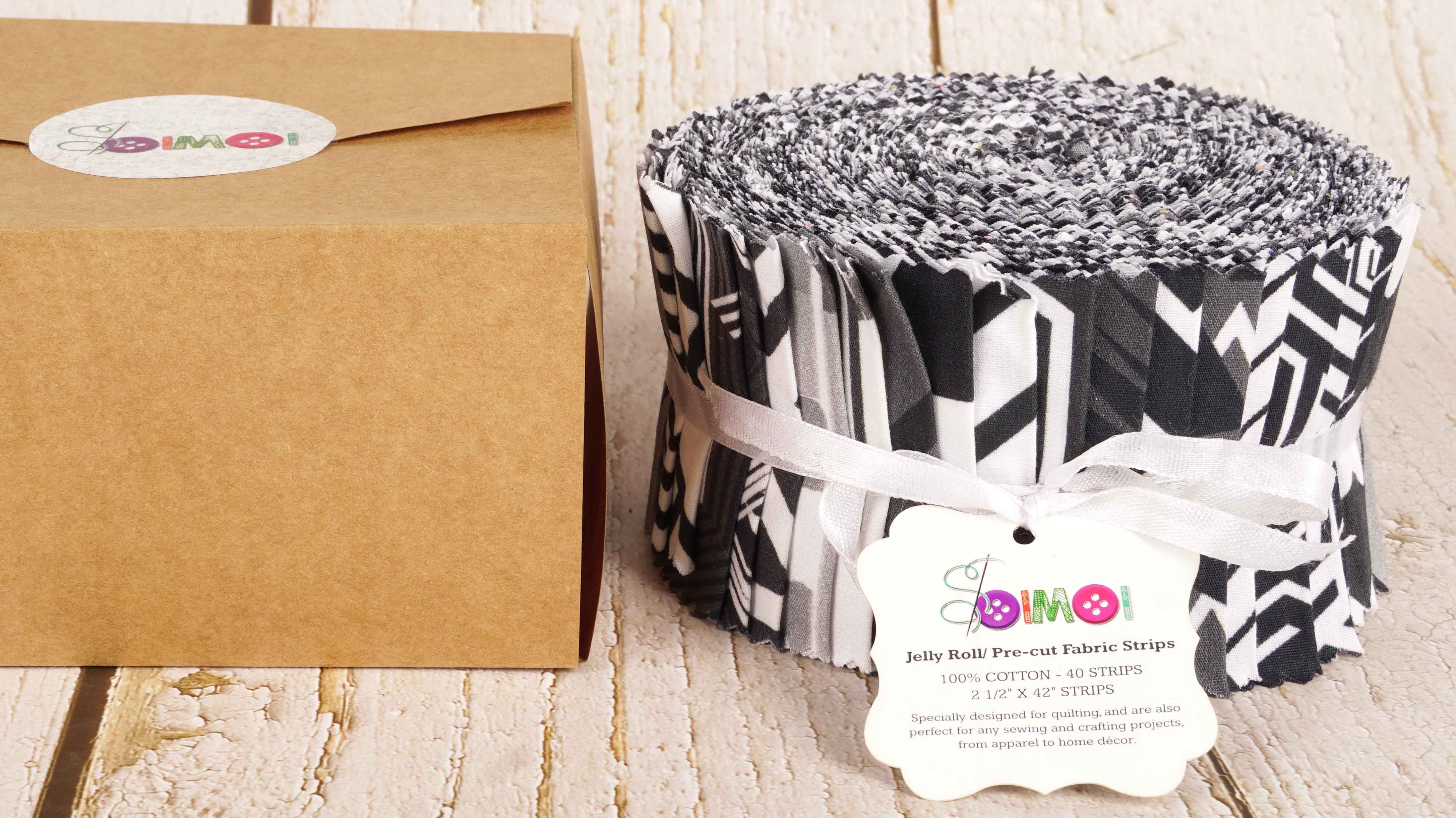 Soimoi 40Pcs Geometric Print Cotton Precut Fabrics For Quilting Craft Strips 2.5 inches Jelly Roll - White & Black