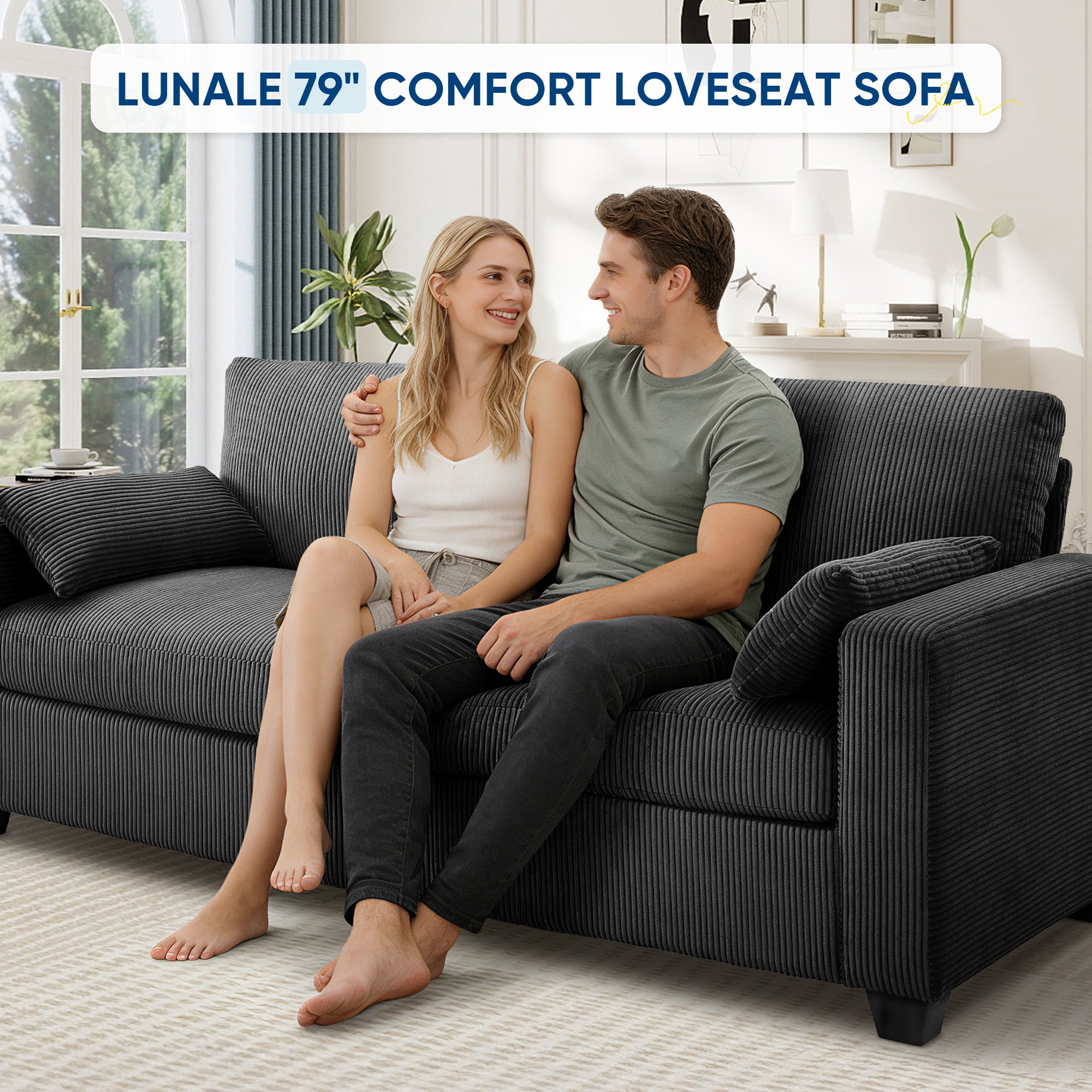 Lunale 79" Corduroy Loveseat Sofa, Modern Cloud Couch for Living Room, Apartment, Black