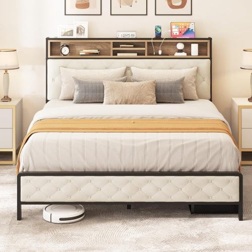 BSHTI Platform Modern Queen Size Platform Bed Frame with Upholstered Headboard and wood slats support for Livingroom