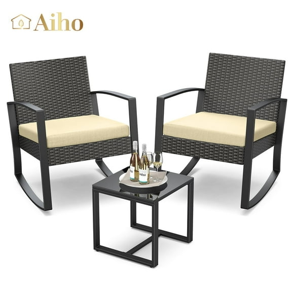 Aiho 3 Pieces Patio Furniture Set, Rocking Rattan Conversation Set with Glass Table and Cushions - Beige