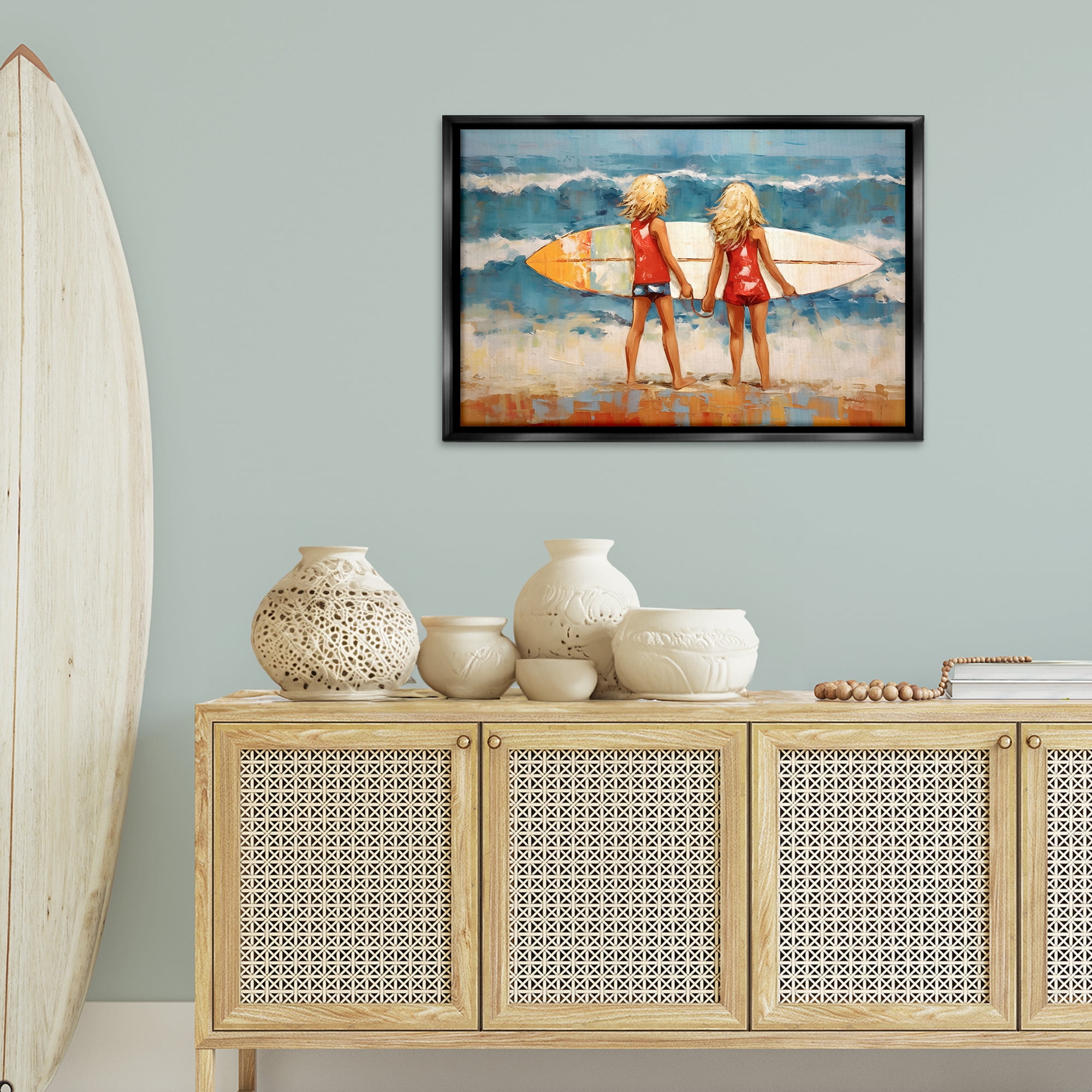 Stupell Industries Siblings with Surfboard People Painting Black Floater Framed Canvas Art Print Wall Art, 31 x 21