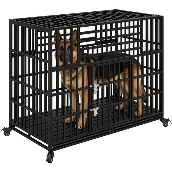 56 inch Heavy Duty Indestructible Dog Crate, Steel Double Door Indoor High Anxiety Cage for Large Giant Dogs, Escape-Proof Chewproof Pet Kennel with Trays and Wheels, Extra Large XL XXL