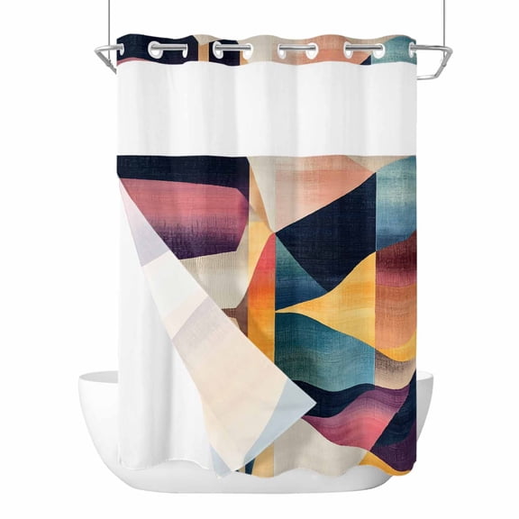 Abstract Geometric No Hook Shower Curtain Waterproof, Bathroom Curtains with Snap in Liners and See Through Top Window, Orange Neutral Modern Art Hotel Style Bathtub Curtains Shower 48"Wx72"L