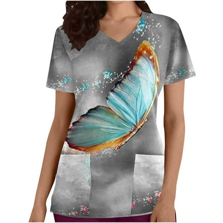 

JWZUY Womens V-Neck Working Uniform T-Shirts with Pockets Comfortable Scrub Tops Froal Print Nurse Nursing Basic Scrubs Tops Blouses Tee Shirts Tshirt Gray XL