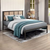 Tcbosik Queen Size Platform Bed with Faux Cane Headboard, Bed Frame for Bedroom, Heavy Duty Metal Slats Support, Bronze