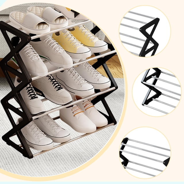 Zapatero organizador de 4 niveles con forma de 42 x 18,5 x 49,5 cm, fácil de encontrar y con visibilidad, elegante y multifuncional, con ventilación. Negro