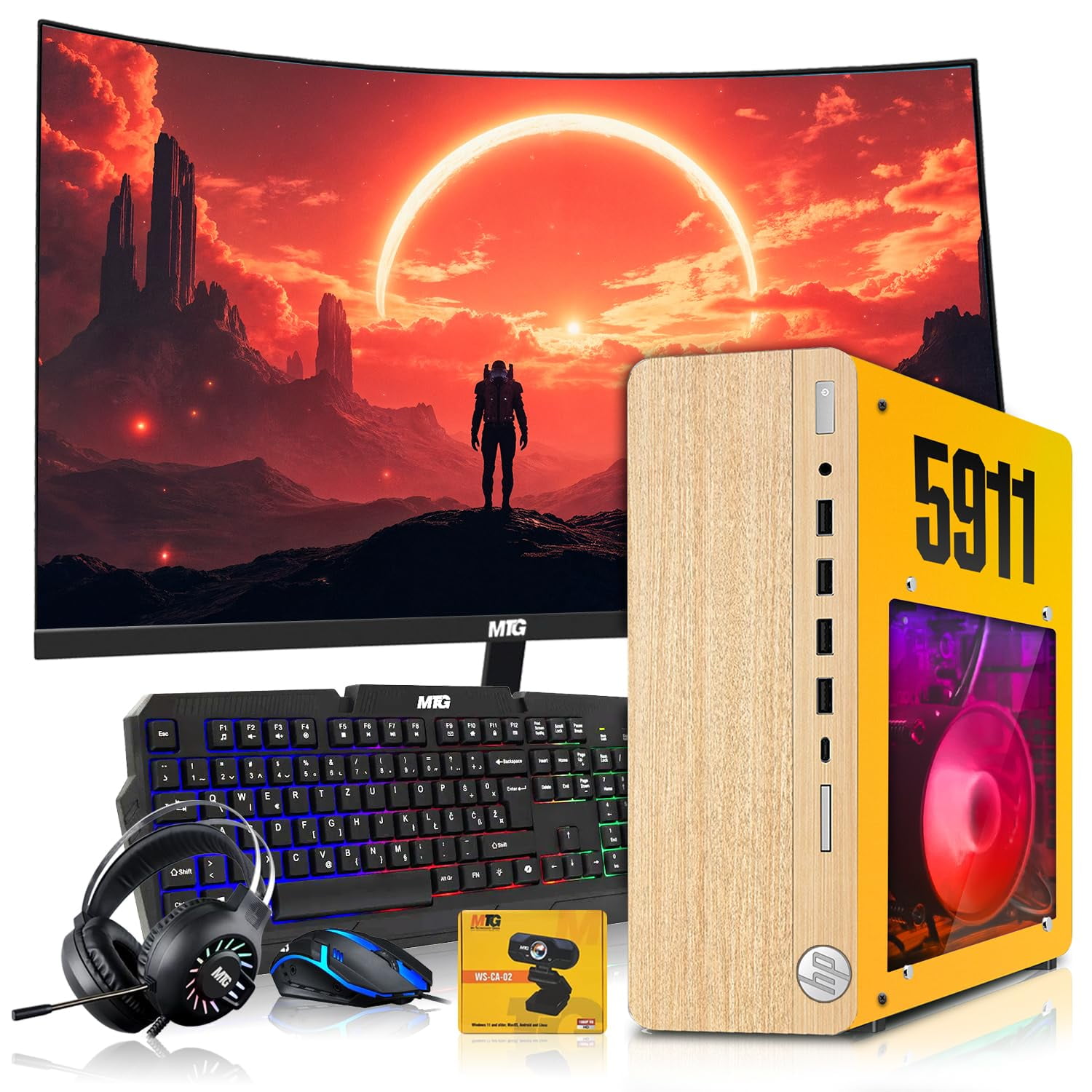 Restored HP Full Light Gaming PC Desktop Computer 5911 AMD A10-9700, GT 1030, 16GB RAM, 1TB SSD, 24 Inch Curved Monitor, RGB KBM with AI Copilot, WiFi, RGB Headphone, Webcam, Windows 11