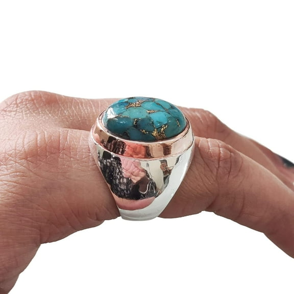 Blue Copper Turquoise Mens Ring, Natural Turquoise Ring, Oxidized Two Tone, 925 Silver Ring, Birthday Gift, Heavy Mens Ring, Arabic Design, Ottoman Style Ring, Christmas, Turkey Mens Signet Ring