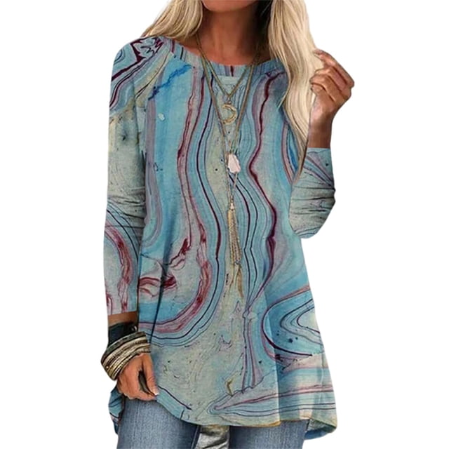 Camiseta con estampado abstracto para mujer, camiseta de manga larga, blusa tipo túnica informal para mujer, camiseta para uso diario