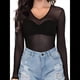thumbnail image 3 of Camisa de con Cuello en V y Larga para Mujer, Color Liso, Transparente, Elástica, Ajustada. Negro S, 3 of 6