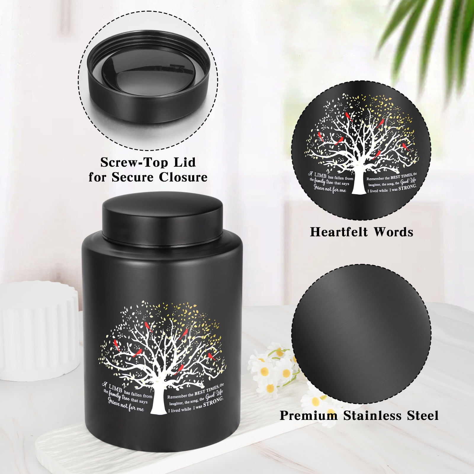 XIUDA Up to 140 lbs Medium Urn for Adult Human Ashes - 7.3 Inch Decorative Stainless Steel Cremation Urn, Big Keepsake Memorial Life Tree