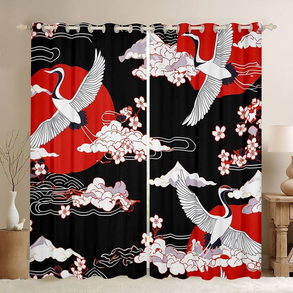 Homewish Cartoon Crane Animal Black Out Curtains, Japanese Cherry Blossoms Curtains Pack of 2 (42x63 Each), Tokyo Cloud Sun Bedroom Curtains, Window Curtains Home Decor