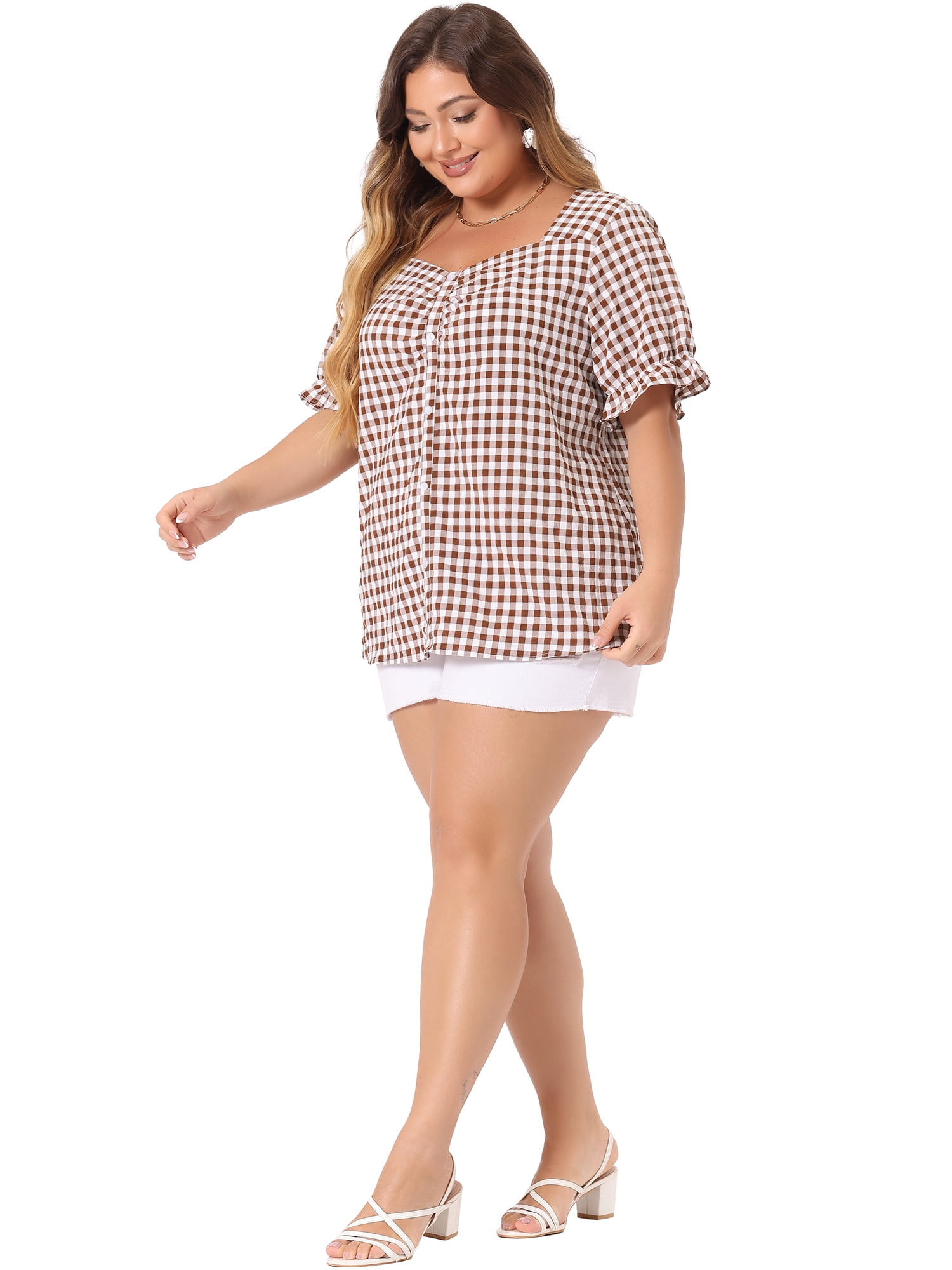 DARING DIVA Women's Plus Size Sweetheart V Neck Puff Short Sleeve Blouse 4X Brown