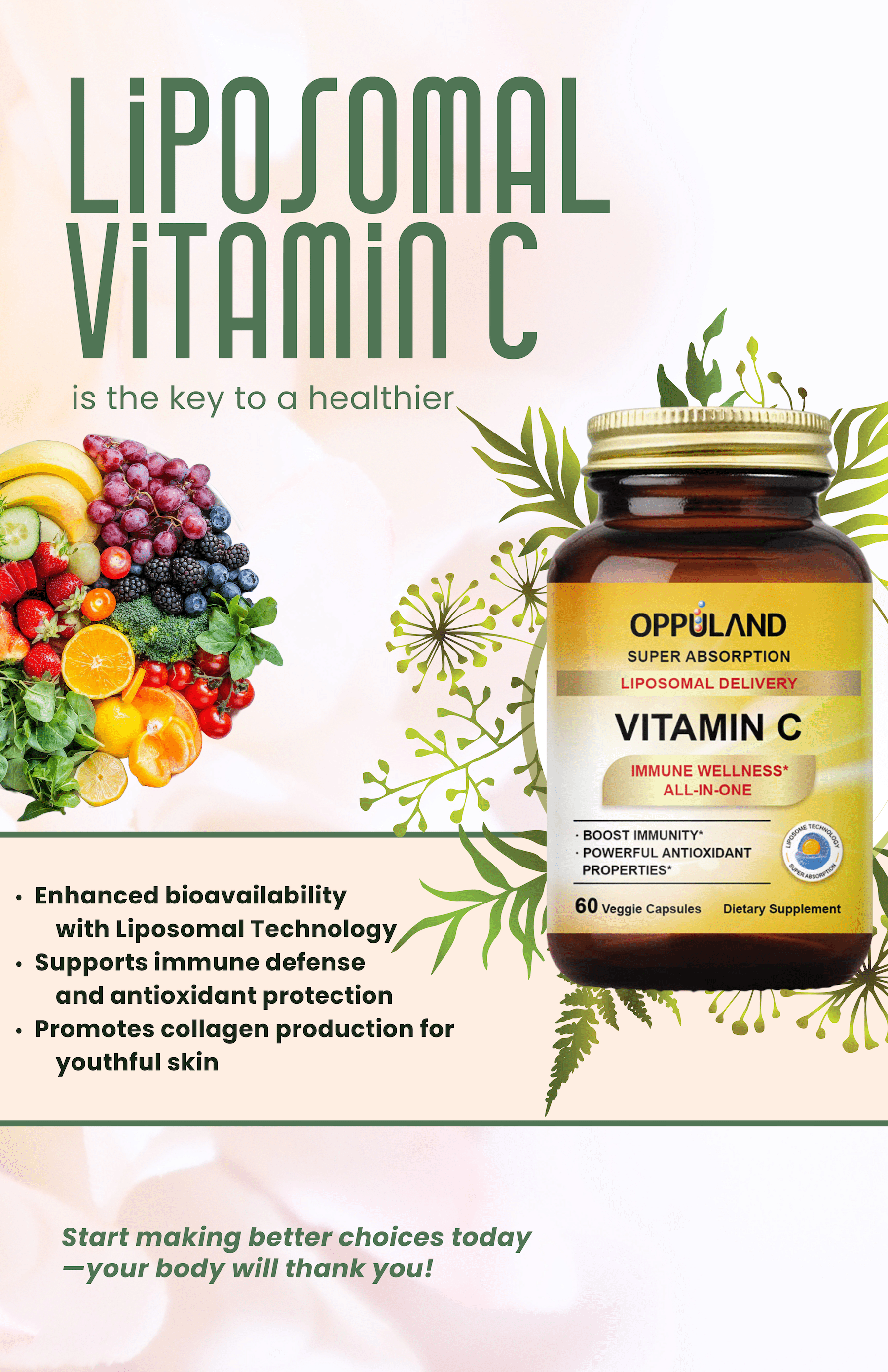 Oppuland Liposomal Vitamin C 1000mg - High Absorption Immune Support, Antioxidant & Skin Health - 60 Veggie Capsules, Glass Bottle Packaging - Made in USA by Oppuland