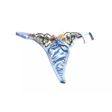 VS For Love And Lemons Louise Shine Sheer Shine Floral Satin Blue Thong Panty Medium NWT