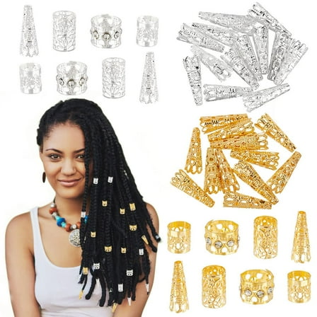1 Box 112pcs Metal Hair Cuffs 4 Style Dreadlock Beads Golden Silver Hair Coil Cuffs Braids Hair Cuffs Decoration Charms Hollow Bead Caps Hair Jewelry Rings for Women Dreaklock Braid Accessory
