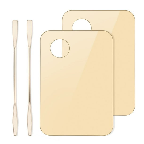 Paleta de maquillaje cosmético acrílico, bandeja para mezclar maquillaje con espátula de maquillaje, espejo de metal para salón de belleza (2 paletas doradas)
