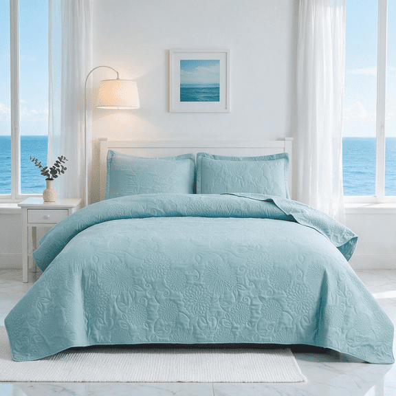 Smuge 3 Piece Solid Color Quilt Set Full/Queen Lake Blue, Reversible Microfiber Lightweight All Season Bedspread Coverlet 90"x90"