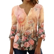 Women Button Up Blouses for Women Floral Print Shirts 3/4 Sleeve V Neck Pleated Front Blouse Tops Summer Casual T-shirts Orange Pink XL