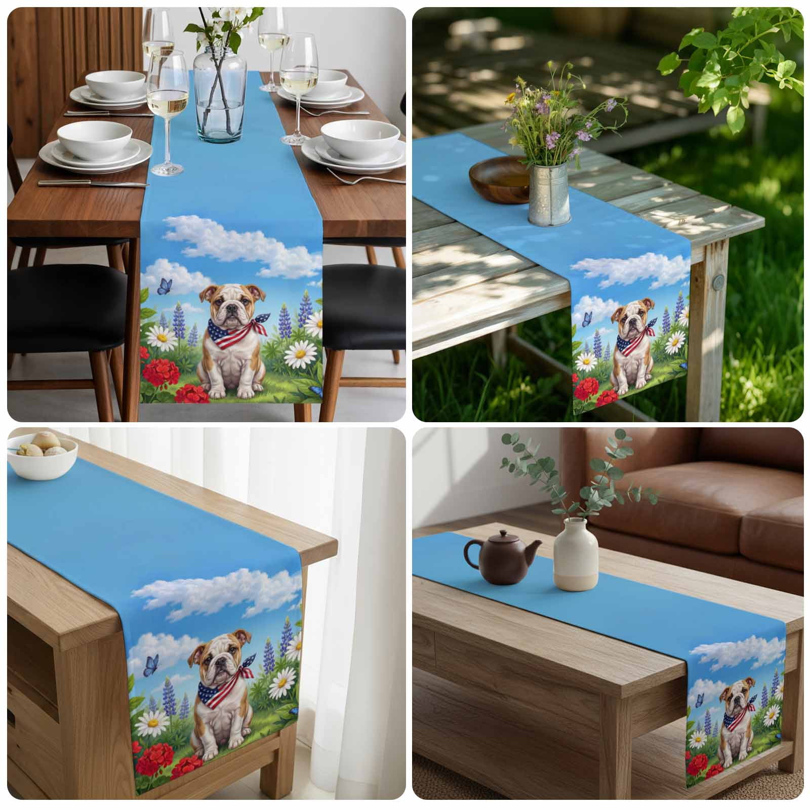 Independence Day Table Runner, American Flag Cute Dog Puppy Colorful Flower Washable Cotton-linen Table Runners Dining Kitchen Decoration for Everyday Home Wedding Party Decor, 18 x72 Inch