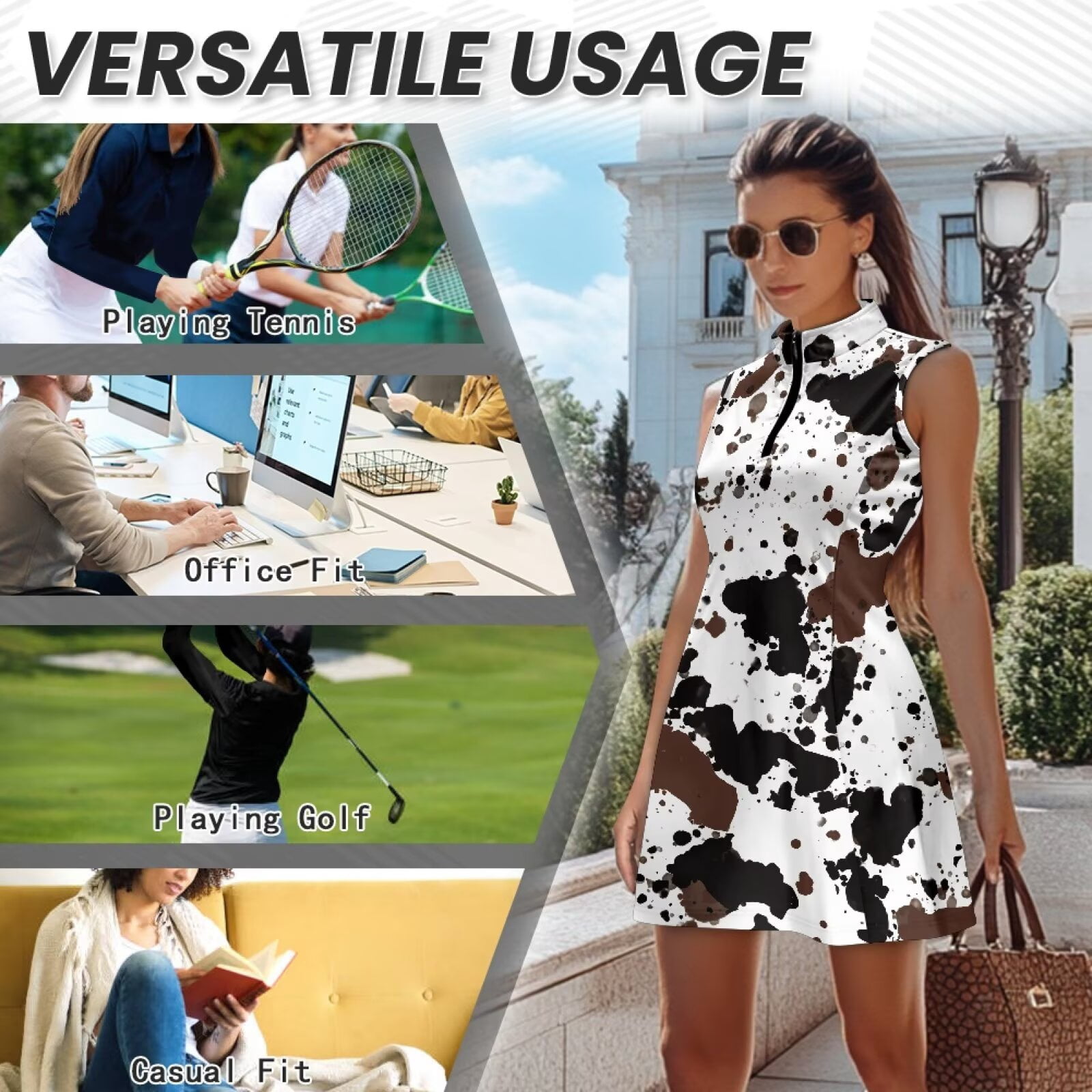 Uorisanigo Brown Cow Print Golf Dress for Women Casual Relaxed Sleeveless Workout Athletic Dresses Comfortable Breathable Athletic Workout Dress Size XL