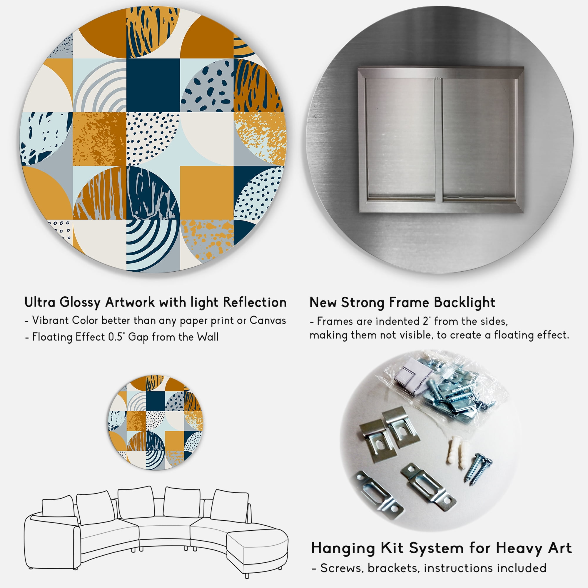 Designart 'Retro Semicircles Squares and Circles' Modern Circle Metal Wall Art 29x29 - Disc of 29