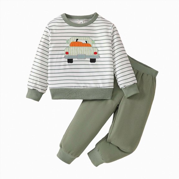 YIWULA Toddler Baby Boy Halloween Outfit Pumpkin Excavator Print Long Sleeve Sweatshirts Joggers Pants Fall Clothes Set(2-3 Years,Green)