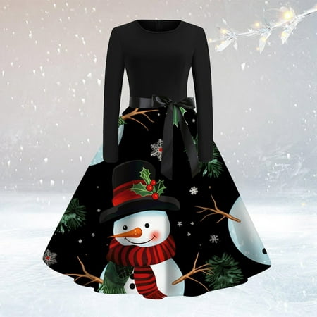 

Christmas Womens Classic Tea Dress Long Sleeve O Neck Dress With Belt Swing Party Dress