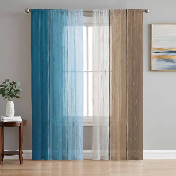 Blue Brown Ombre Sheer Curtains 63 Inch Length 2 Panels Set, Vintage Country Wooden Voile Window Treatment Rod Pocket Curtains Sheers Drapes for Bedroom/Living Room/Kitchen 52x"63"x2
