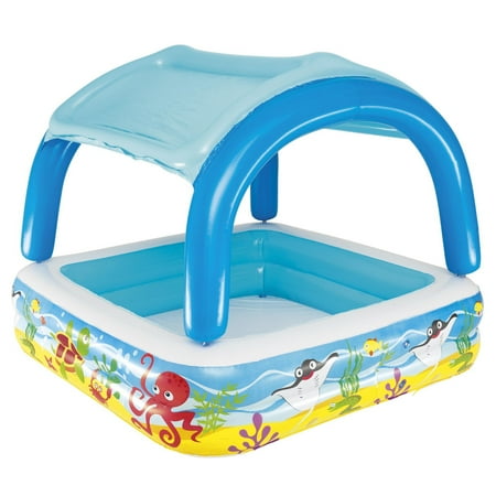 UPC: 0821808010776 | H2OGO! Canopy Play Pool – 55 x 55 x 45 – Bestway Kids Inflatable Water Pool With Detachable UV Protective Sunshade Ocean Creatures Design 70 Gallon Capacity Ages 2+