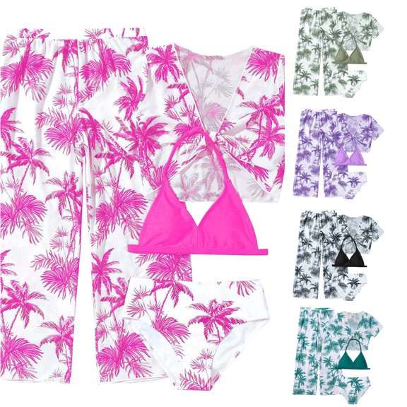 XIYON Kids Girls Swimsuits 4 Piece Coconut Tree Print Halter Neck Bikini Set Tankini Top With Mesh Pants Fashion Comfortable Swimwear For Beach And Pool,Hot Pink,7-8 Years