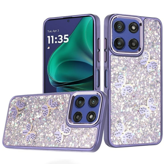 For Moto G Stylus 5G 2026/2025 Cute Butterfly Ornaments Diamonds Shimmer Matching Metallic HQ Hybrid - Dark Purple