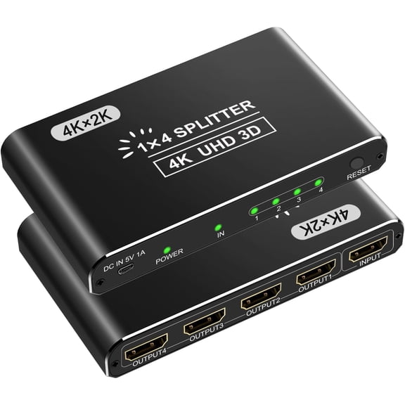 4K HDMI Splitter 1 in 4 Out, Aluminum 1x4 HDMI Hub for 4 Displays – Supports 4K, 3D, 1080P, HDCP 2.2, Compatible with PS4, Fire Stick, Roku, Xbox, HDTV, Projector (Black)