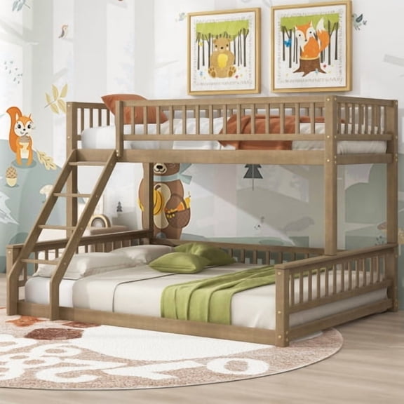 Twin XL over Queen Bunk Bed with Ladder and Guardrails, Convertible to 2 Separate Beds, Solid Pine Wood Frame, No Box Spring Needed, Space-Saving Design for Bedroom, Guest Room, Walnut