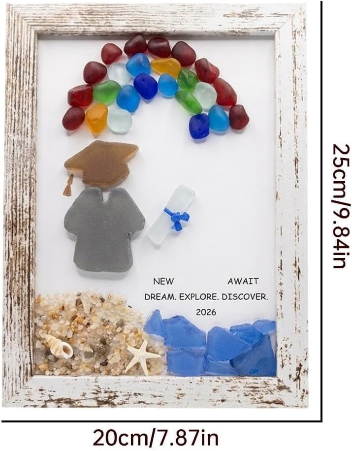 Sea Glass Graduation Gift Class of 2026, Rustic Wood Framed Wall Art, Rainbow Cap Coastal Decor, College High School Graduate Senior Present for Daughter Son Him Her(Q)